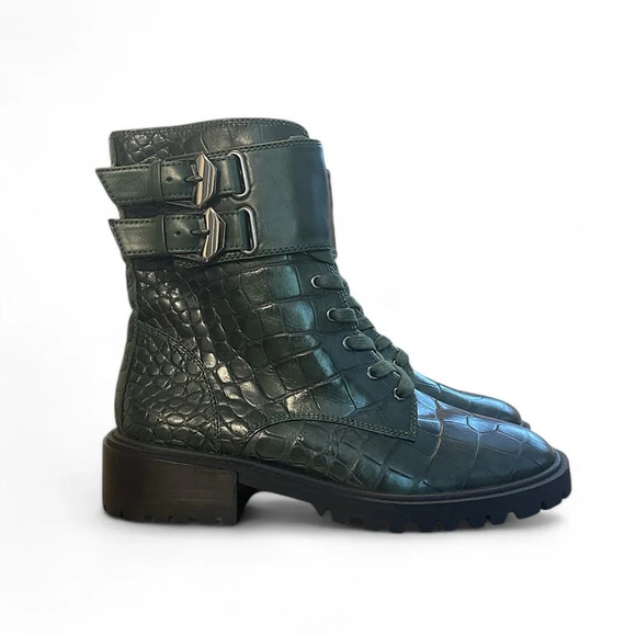 VINCE CAMUTO Combat Boot Women's 5.5 Fawdry Double Buckle in Green Croc - Picture 2 of 6